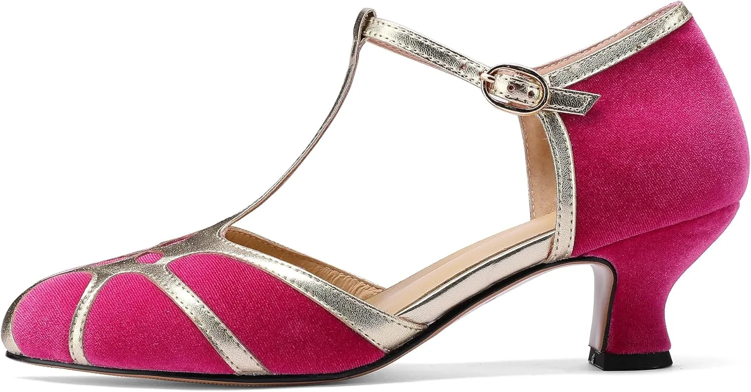 Women's Vintage T-Strap Low Pumps Comfortable Kitten Heel, Closed Toe