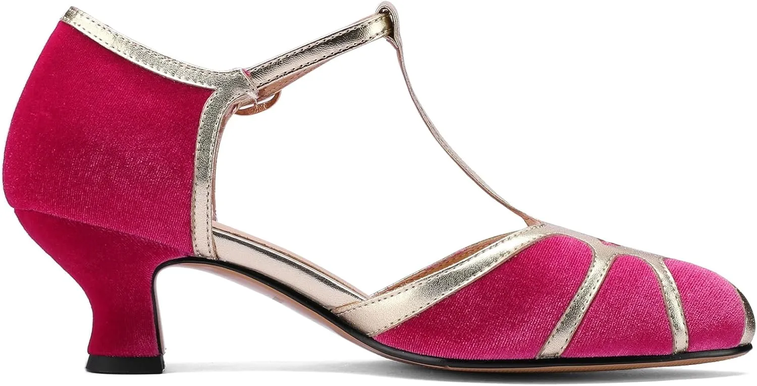 Women's Vintage T-Strap Low Pumps Comfortable Kitten Heel, Closed Toe