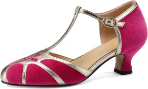 Women's Vintage T-Strap Low Pumps Comfortable Kitten Heel, Closed Toe