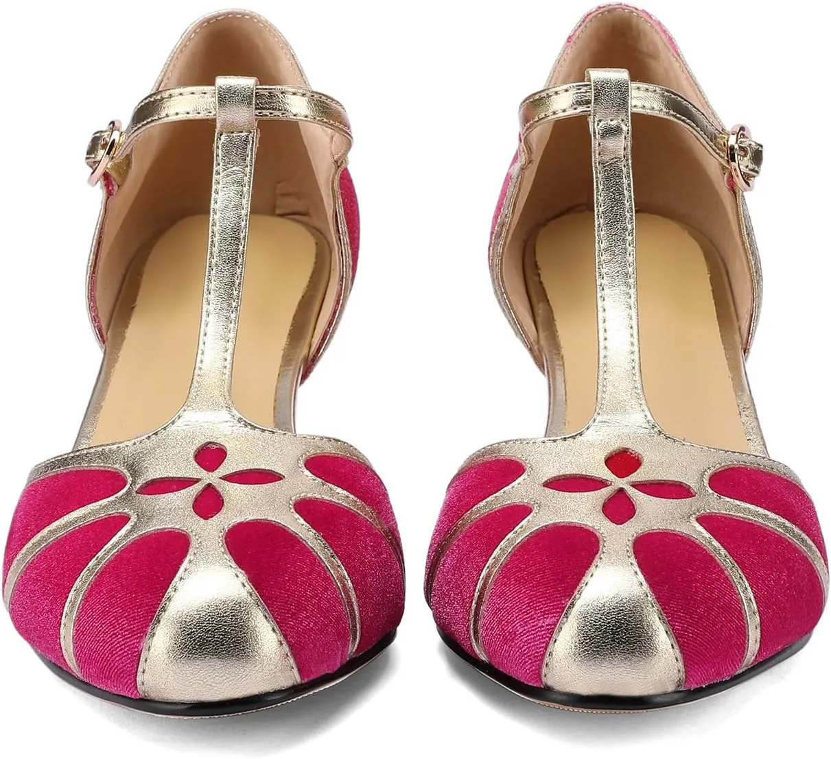 Women's Vintage T-Strap Low Pumps Comfortable Kitten Heel, Closed Toe