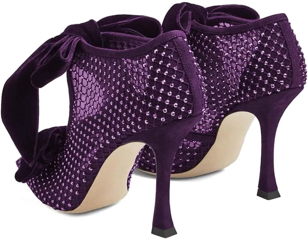 XYD Women Ankle Boots Mesh Cutout Crystals Pointed Toe High Heel Pumps Oversized Double Velvet Bows Evening Festive Party Shoes