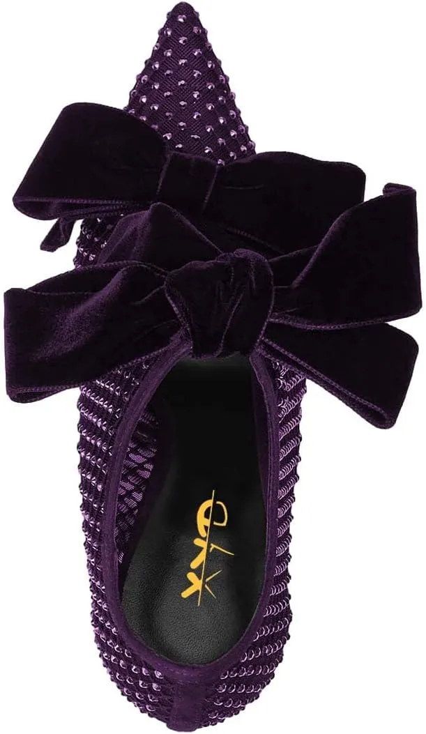 XYD Women Ankle Boots Mesh Cutout Crystals Pointed Toe High Heel Pumps Oversized Double Velvet Bows Evening Festive Party Shoes