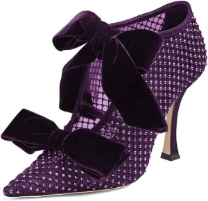 XYD Women Ankle Boots Mesh Cutout Crystals Pointed Toe High Heel Pumps Oversized Double Velvet Bows Evening Festive Party Shoes