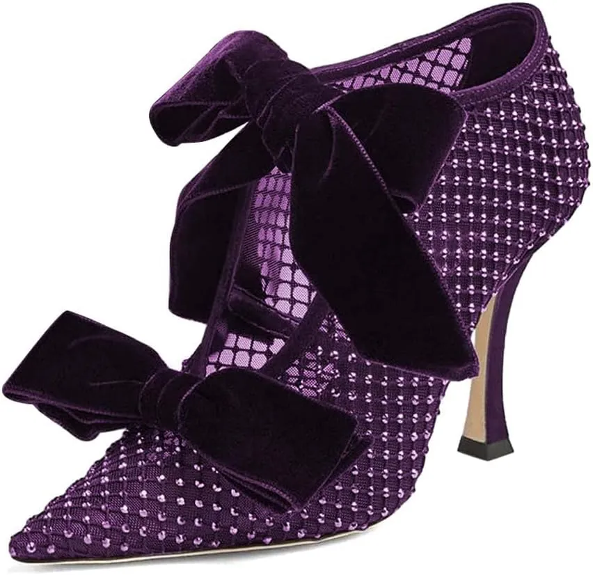 XYD Women Ankle Boots Mesh Cutout Crystals Pointed Toe High Heel Pumps Oversized Double Velvet Bows Evening Festive Party Shoes