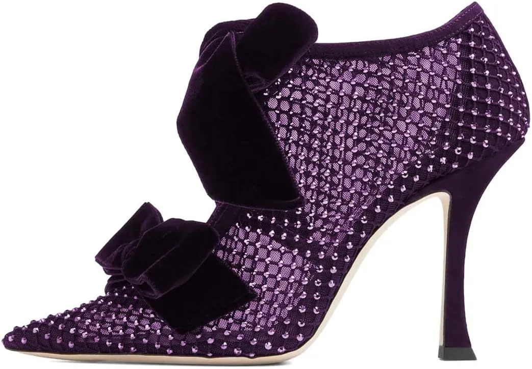 XYD Women Ankle Boots Mesh Cutout Crystals Pointed Toe High Heel Pumps Oversized Double Velvet Bows Evening Festive Party Shoes