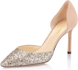 XYD Women Bridal Thin High Heel D' Orsay Pumps Pointed Closed Toe Slip on Stilettos Suede Glitter Shoes