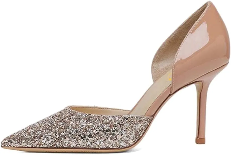XYD Women Bridal Thin High Heel D' Orsay Pumps Pointed Closed Toe Slip on Stilettos Suede Glitter Shoes