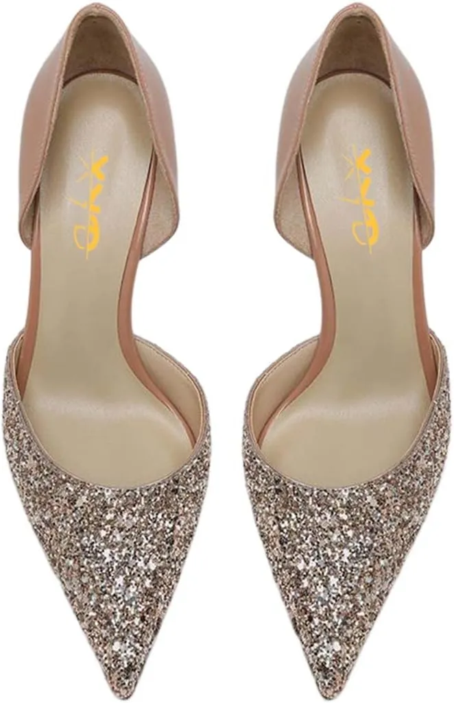 XYD Women Bridal Thin High Heel D' Orsay Pumps Pointed Closed Toe Slip on Stilettos Suede Glitter Shoes