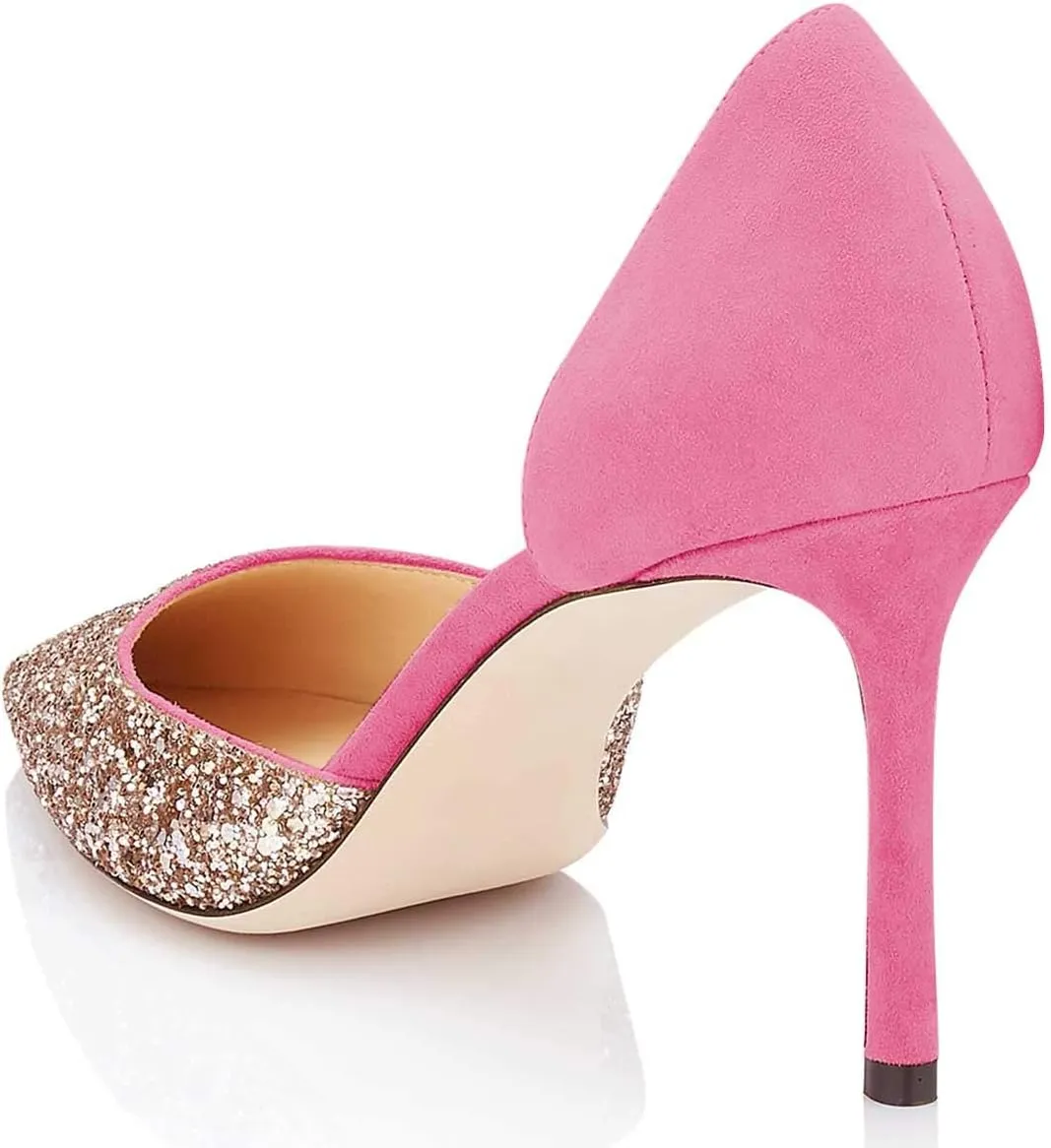 XYD Women Bridal Thin High Heel D' Orsay Pumps Pointed Closed Toe Slip on Stilettos Suede Glitter Shoes