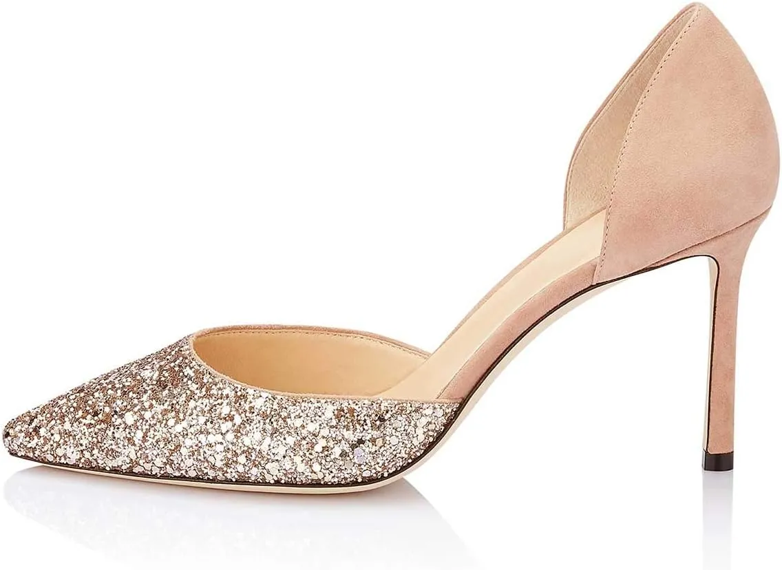 XYD Women Bridal Thin High Heel D' Orsay Pumps Pointed Closed Toe Slip on Stilettos Suede Glitter Shoes