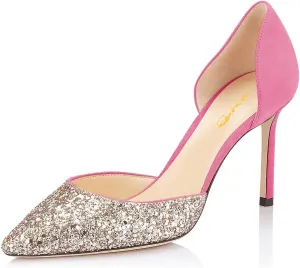 XYD Women Bridal Thin High Heel D' Orsay Pumps Pointed Closed Toe Slip on Stilettos Suede Glitter Shoes