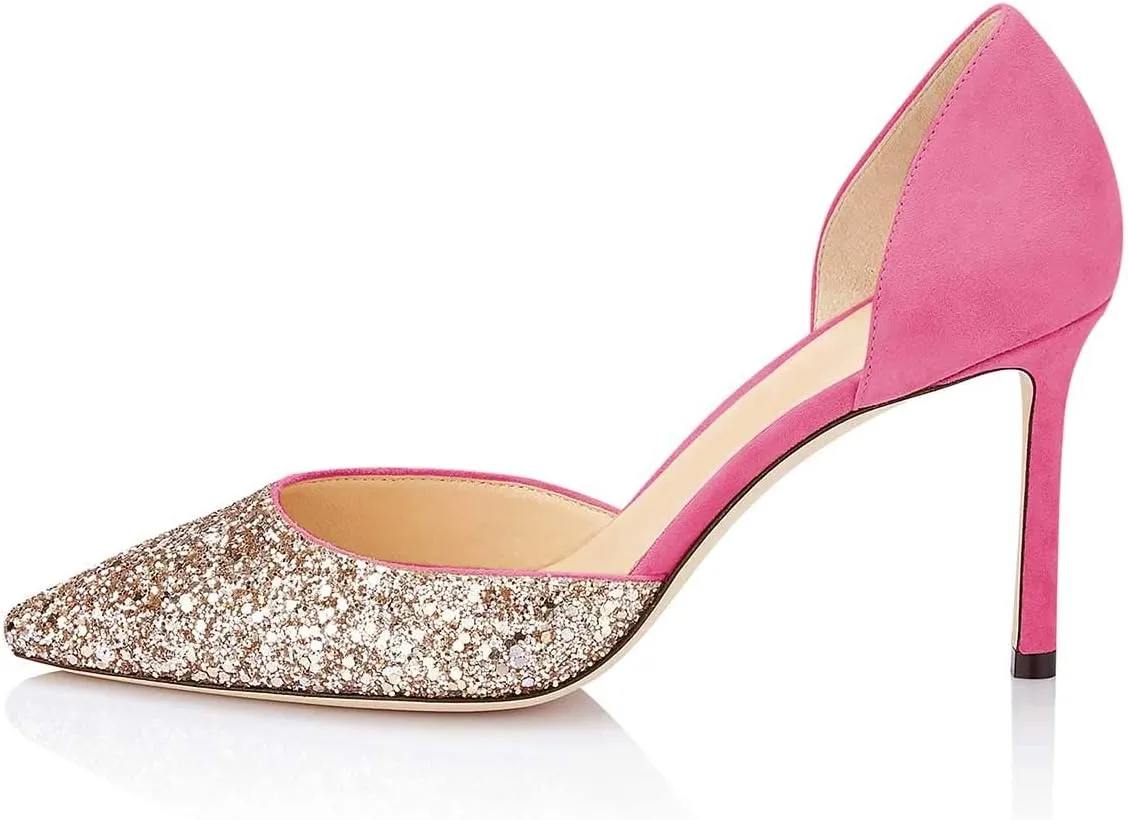 XYD Women Bridal Thin High Heel D' Orsay Pumps Pointed Closed Toe Slip on Stilettos Suede Glitter Shoes