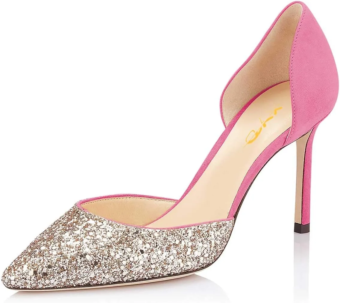 XYD Women Bridal Thin High Heel D' Orsay Pumps Pointed Closed Toe Slip on Stilettos Suede Glitter Shoes