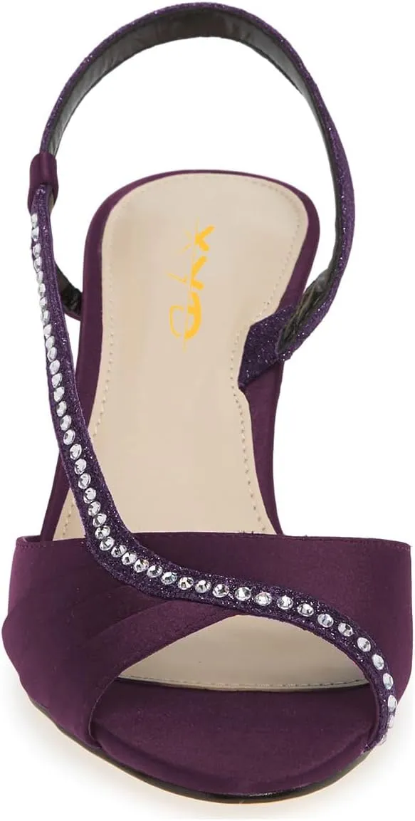 XYD Women Peep Toe Low Heel Sandals Glitter Studded Strap Pleats Slingbacks Wedding Dressy Shoes