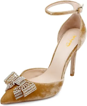 XYD Women Pointed Toe Velvet Pumps with Sparkling Rhinestone Bowknot Stiletto Heels Ankle Strap D'Orsay Wedding Event Shoes