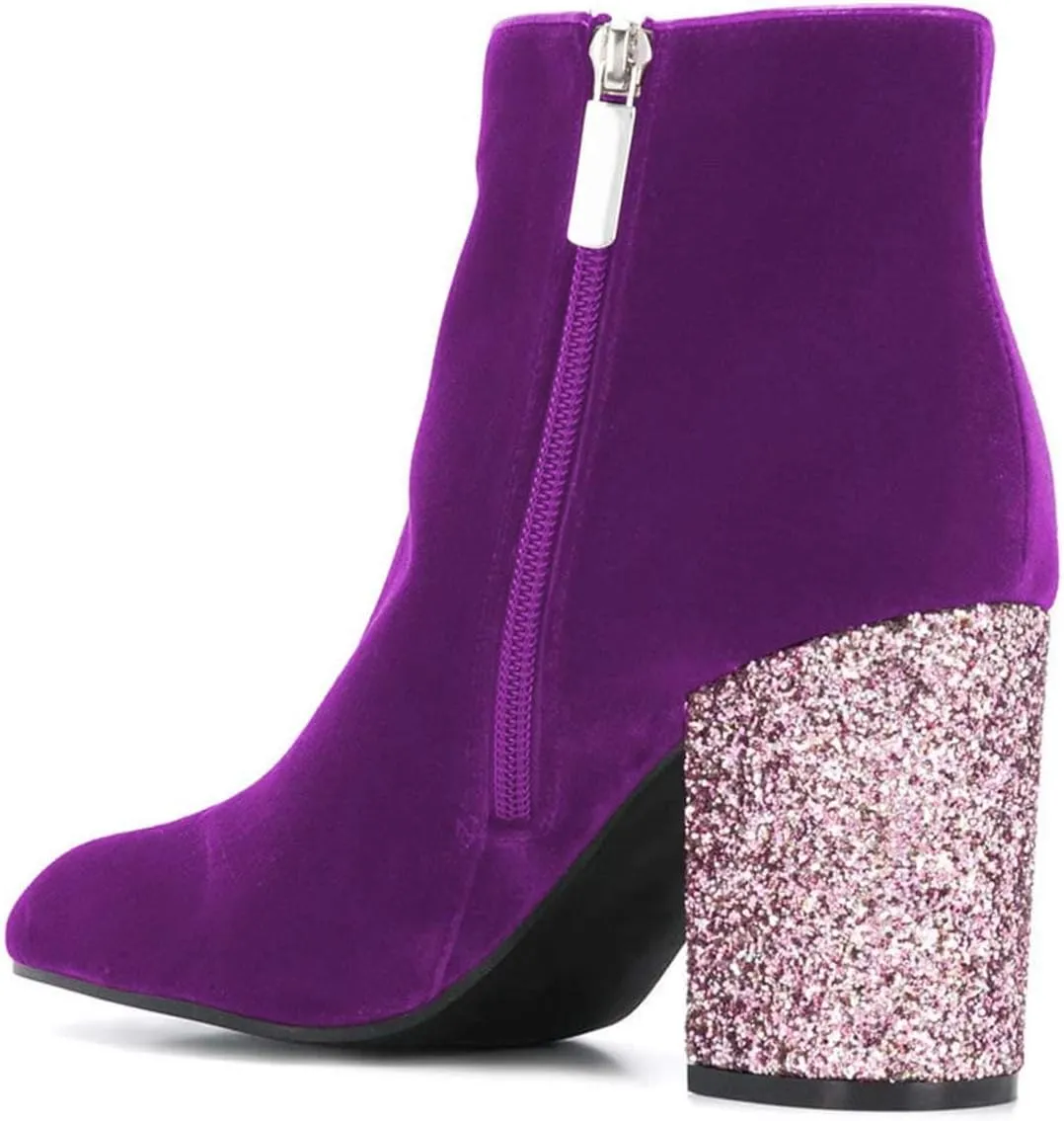 XYD Women Round Toe Glitter Chunky High Heels Party Dress Booties Velvet Winter Ankle Boots