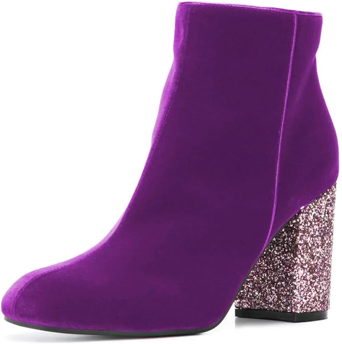 XYD Women Round Toe Glitter Chunky High Heels Party Dress Booties Velvet Winter Ankle Boots