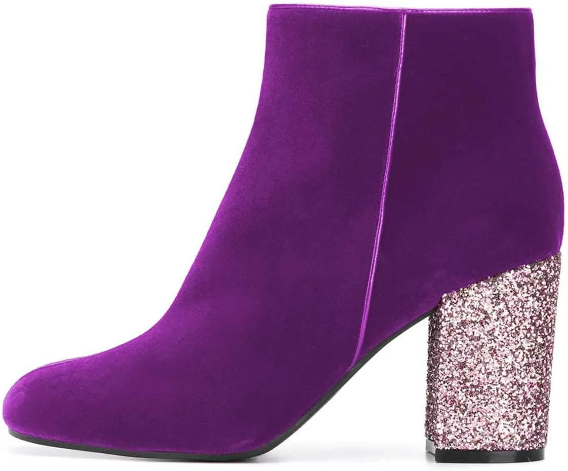 XYD Women Round Toe Glitter Chunky High Heels Party Dress Booties Velvet Winter Ankle Boots