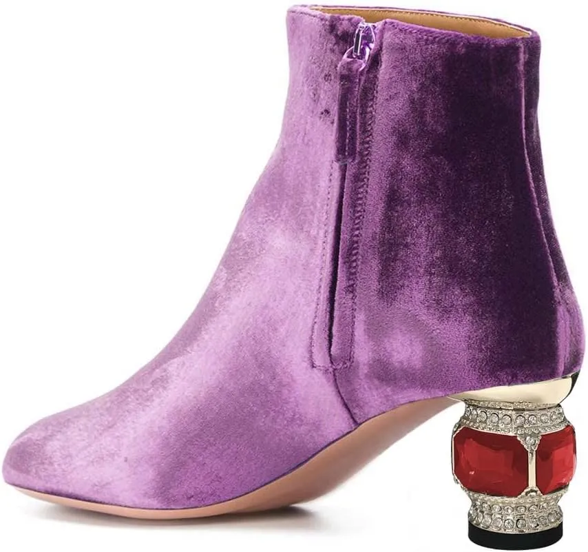 XYD Women Velvet Closed Round Toe Ankle Boots Zipper Side Fashion Gem Crystal Block Low Heel Party Event Booties Shoes