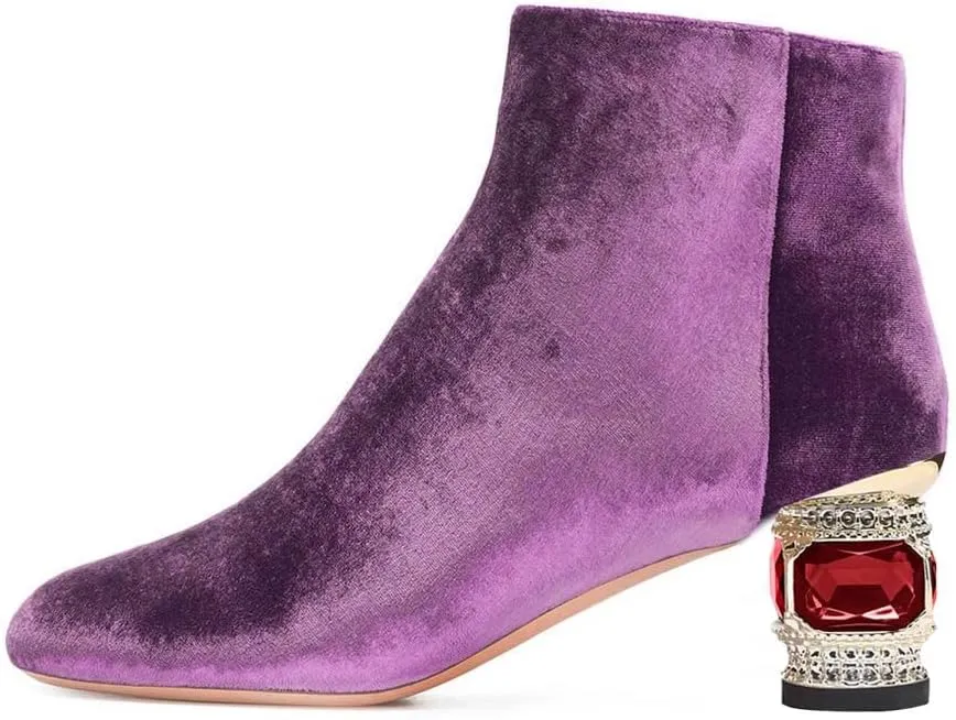 XYD Women Velvet Closed Round Toe Ankle Boots Zipper Side Fashion Gem Crystal Block Low Heel Party Event Booties Shoes