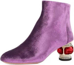 XYD Women Velvet Closed Round Toe Ankle Boots Zipper Side Fashion Gem Crystal Block Low Heel Party Event Booties Shoes