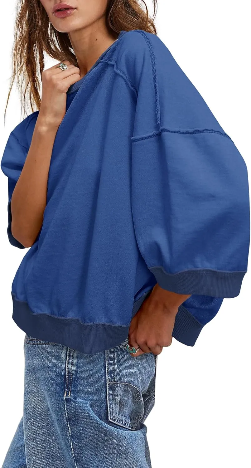 Yanekop Womens Crewneck Short Sleeve Sweatshirt 3/4 Sleeve Tops Color Block Oversized Sweatshirt Summer Shirts