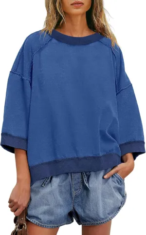 Yanekop Womens Crewneck Short Sleeve Sweatshirt 3/4 Sleeve Tops Color Block Oversized Sweatshirt Summer Shirts