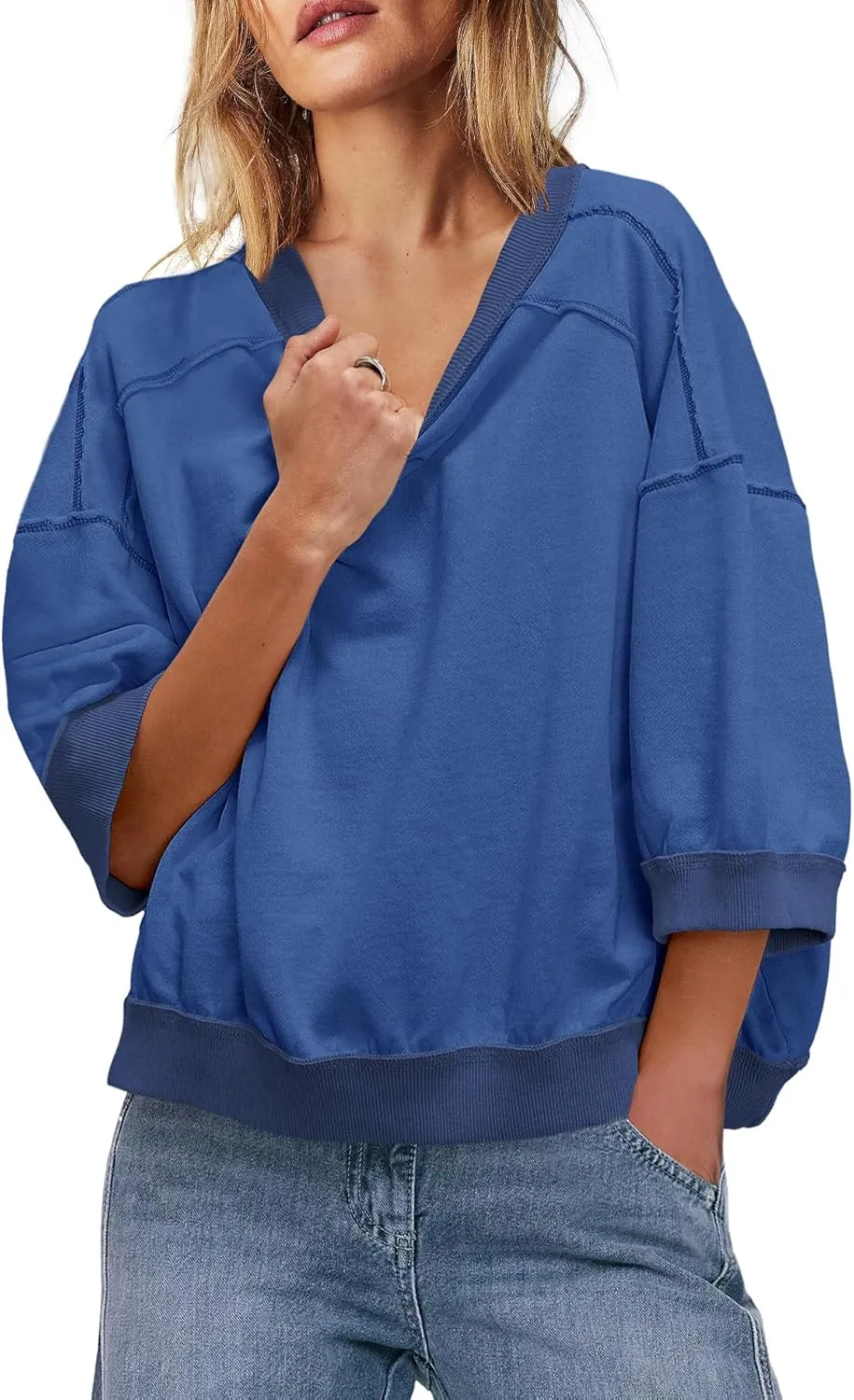 Yanekop Womens Crewneck Short Sleeve Sweatshirt 3/4 Sleeve Tops Color Block Oversized Sweatshirt Summer Shirts