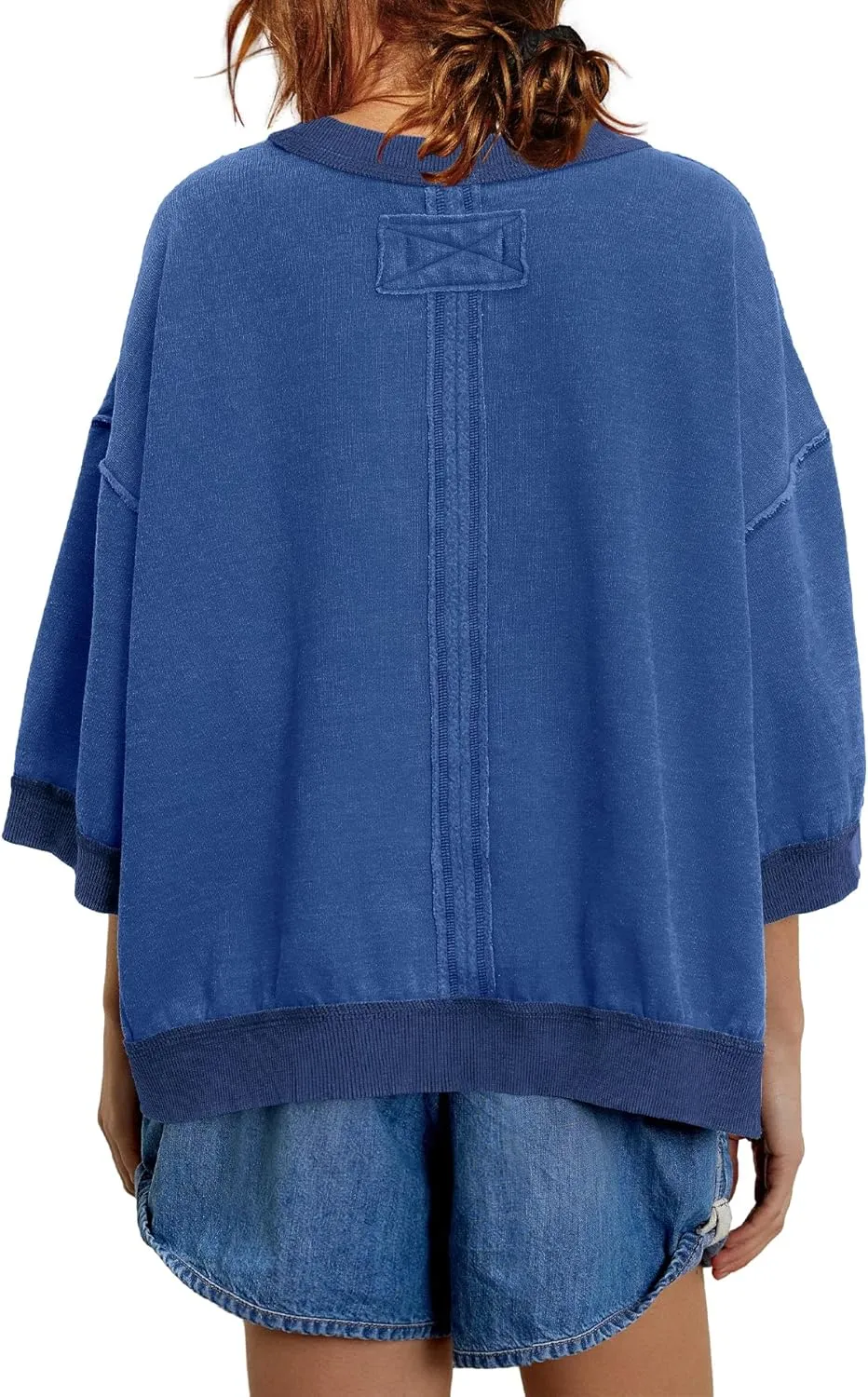 Yanekop Womens Crewneck Short Sleeve Sweatshirt 3/4 Sleeve Tops Color Block Oversized Sweatshirt Summer Shirts