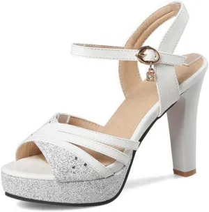 Yawors Womens LC1015 Peep Toe Block Glitter Pu Low Block Sandals