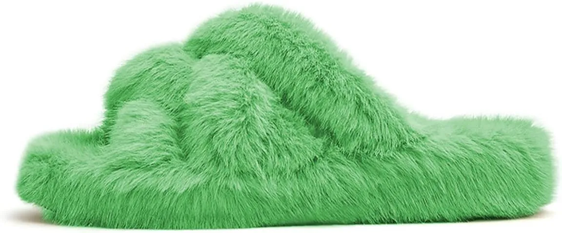 YDN Women Fuzzy Memory Foam Slippers Furry Heeled Slides Open Toe Indoor Outdoor Sandals Cross Band Slip On House Shoes Size 4-15 US