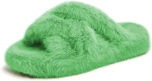 YDN Women Fuzzy Memory Foam Slippers Furry Heeled Slides Open Toe Indoor Outdoor Sandals Cross Band Slip On House Shoes Size 4-15 US