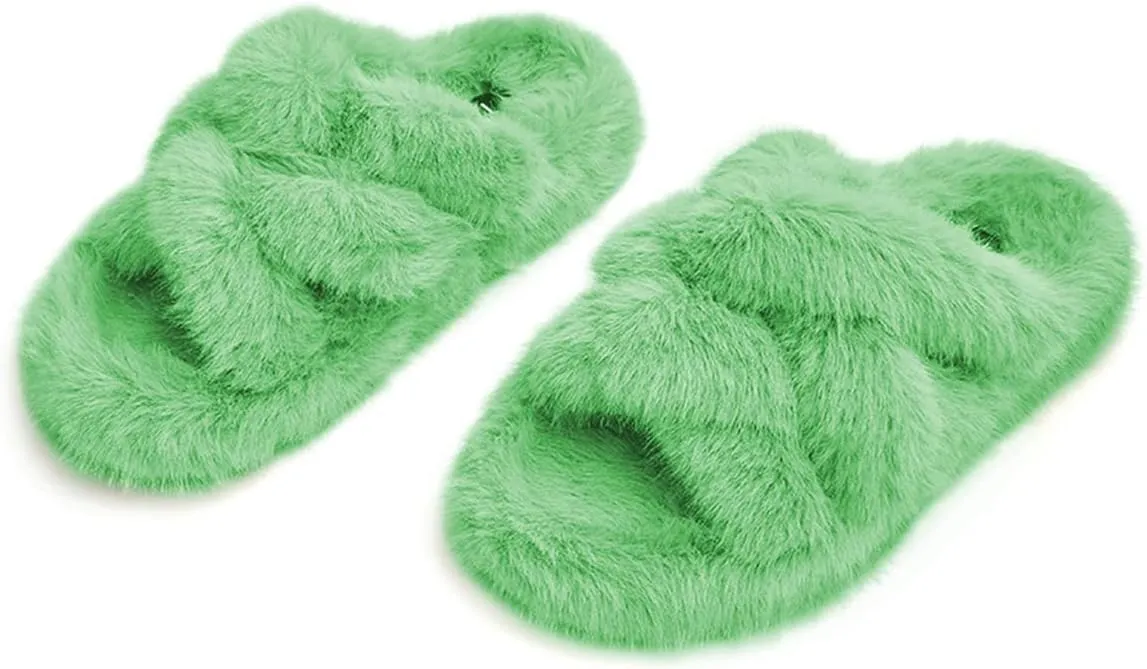 YDN Women Fuzzy Memory Foam Slippers Furry Heeled Slides Open Toe Indoor Outdoor Sandals Cross Band Slip On House Shoes Size 4-15 US
