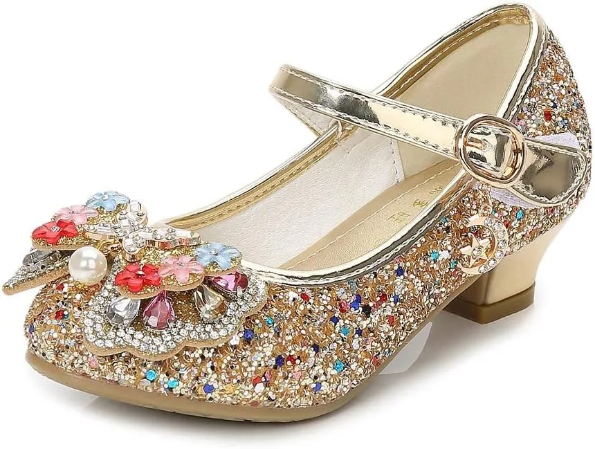 YING LAN Girls Cosplay Dress Wedding Party Shoes Glitter Sequins Low Heel Mary Jane Princess Shoes