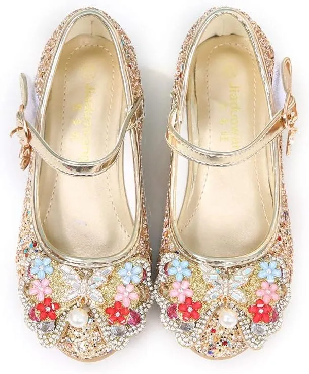 YING LAN Girls Cosplay Dress Wedding Party Shoes Glitter Sequins Low Heel Mary Jane Princess Shoes