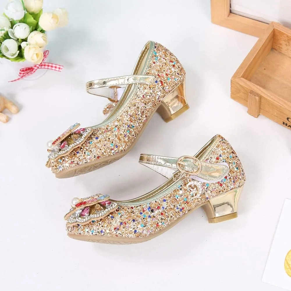 YING LAN Girls Cosplay Dress Wedding Party Shoes Glitter Sequins Low Heel Mary Jane Princess Shoes