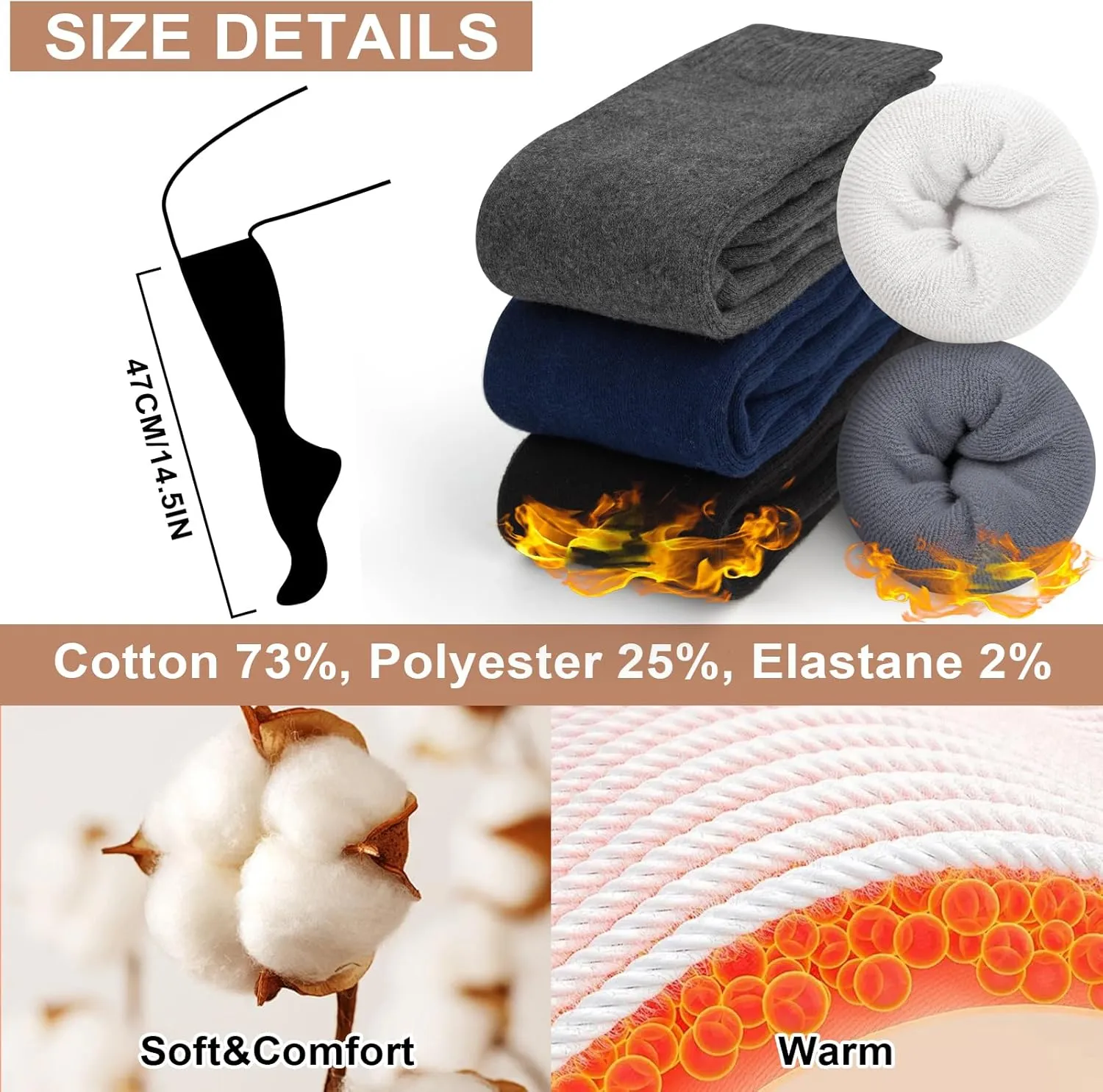 YSense Warm Knee High Socks for Women 5 Pairs, Thermal Womens Cotton Long Casual Thick Winter Gifts Socks for Hiking Skiing