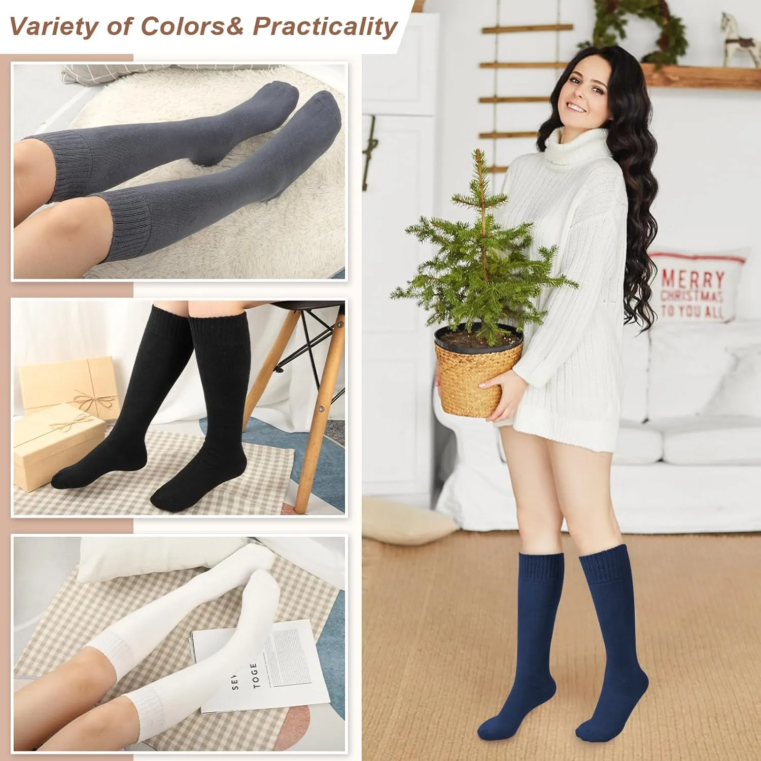 YSense Warm Knee High Socks for Women 5 Pairs, Thermal Womens Cotton Long Casual Thick Winter Gifts Socks for Hiking Skiing
