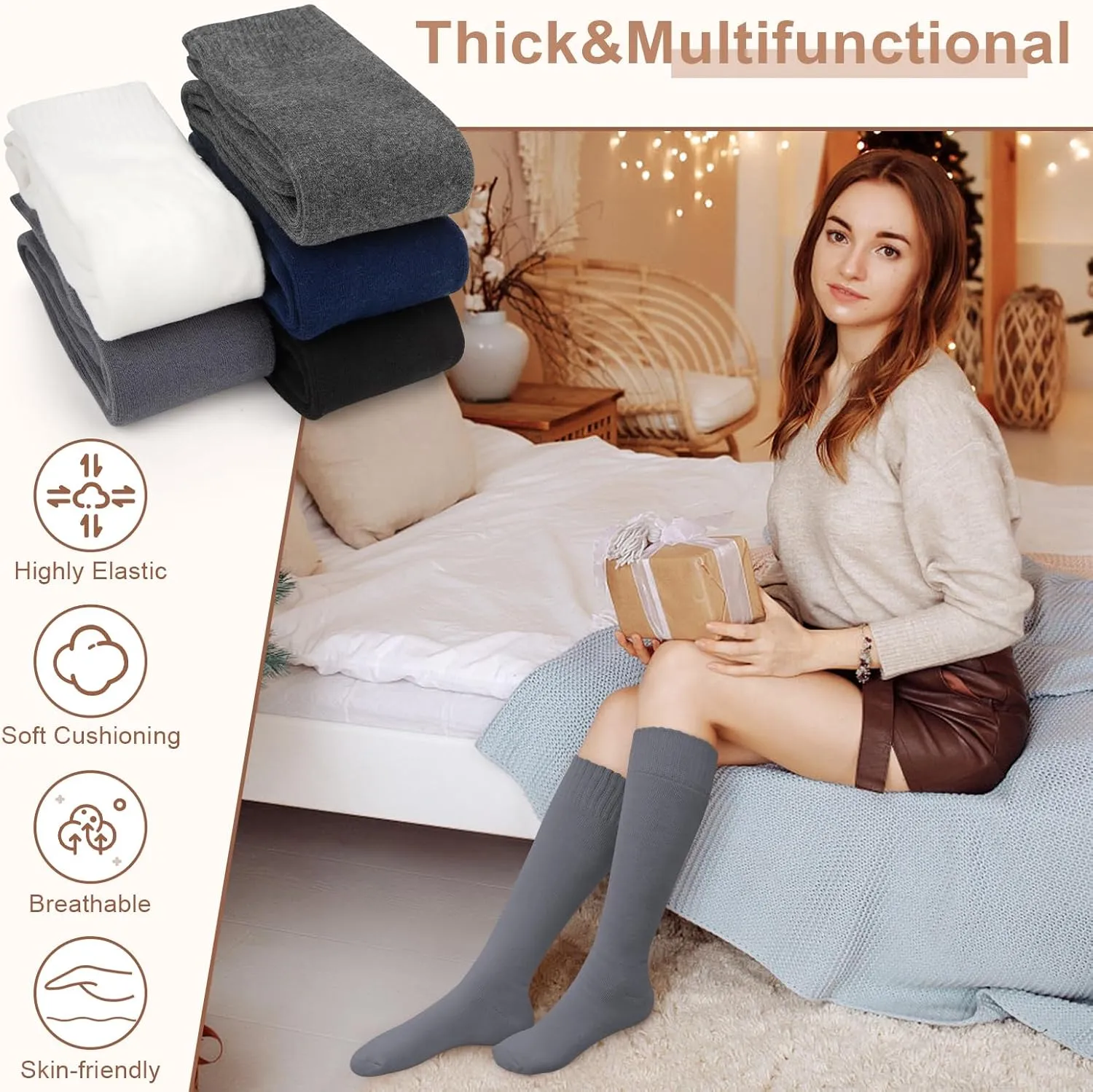 YSense Warm Knee High Socks for Women 5 Pairs, Thermal Womens Cotton Long Casual Thick Winter Gifts Socks for Hiking Skiing