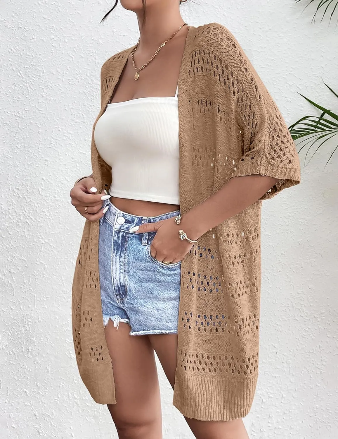 Zeagoo Lightweight Summer Crochet Cardigan for Women Short Sleeve Kimono Boho Oversized Open Front Knitted Cardigan