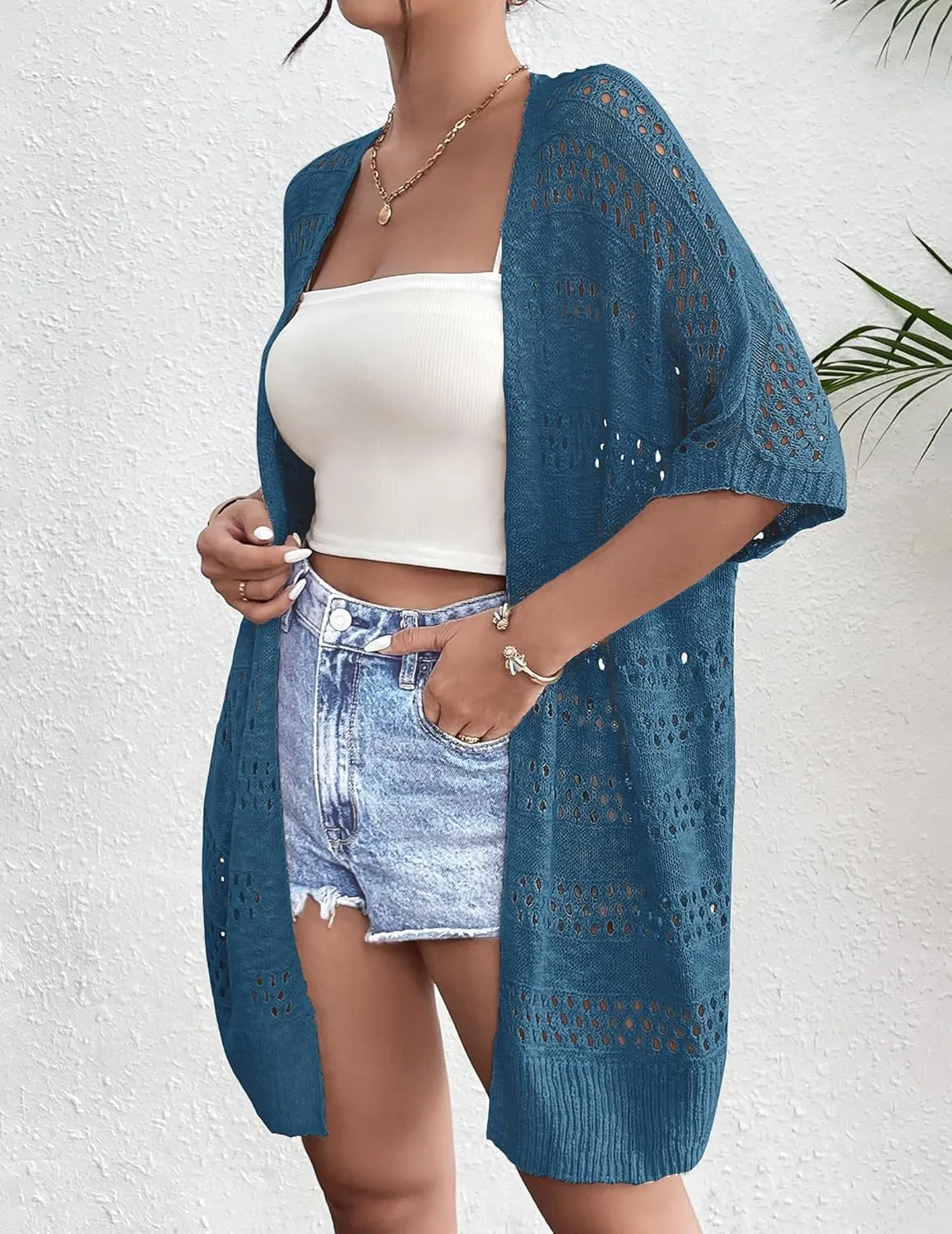 Zeagoo Lightweight Summer Crochet Cardigan for Women Short Sleeve Kimono Boho Oversized Open Front Knitted Cardigan