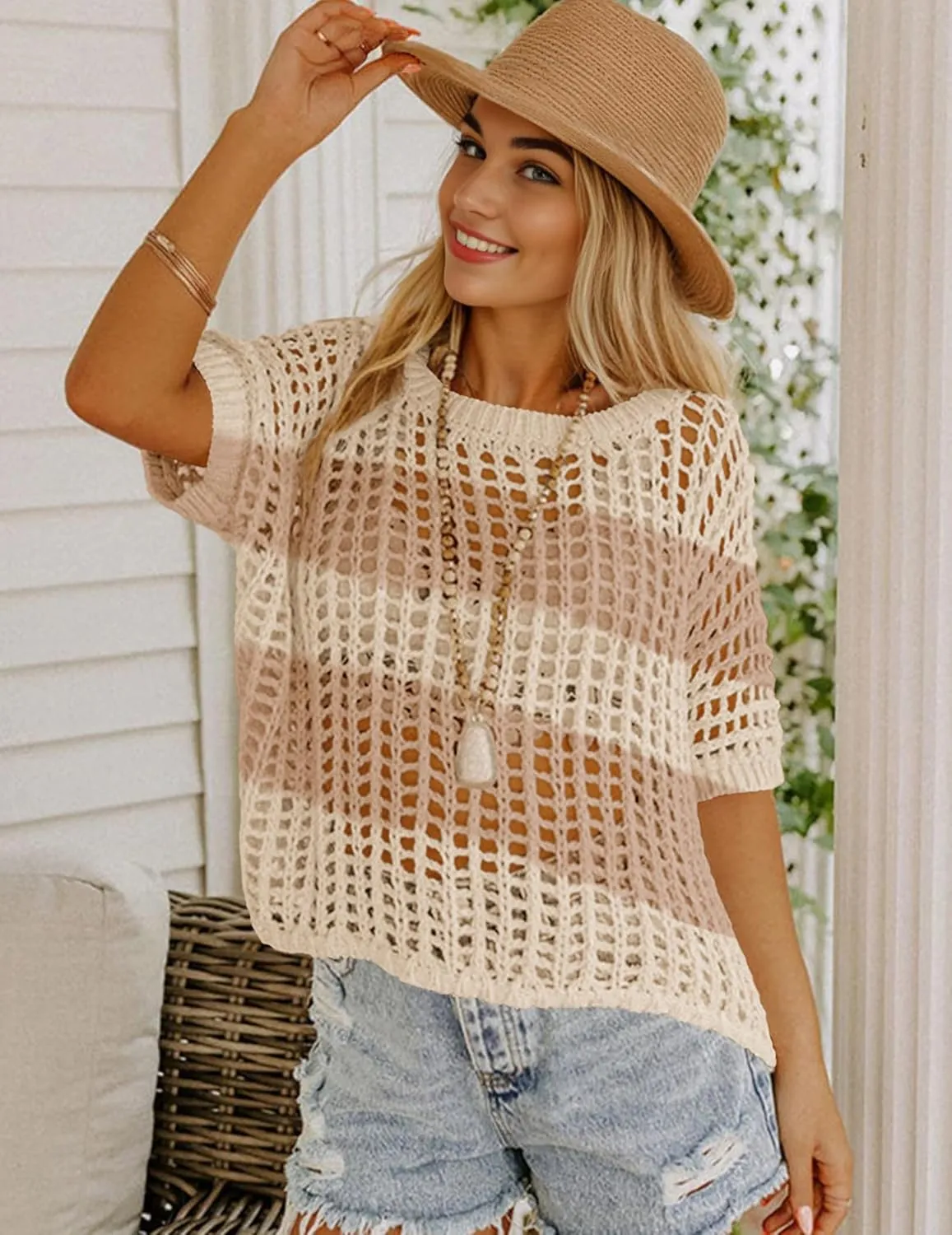 Zeagoo Short Sleeve Crochet Sweater Lightweight Summer Tops Loose Hollow Out Crewneck Pullover