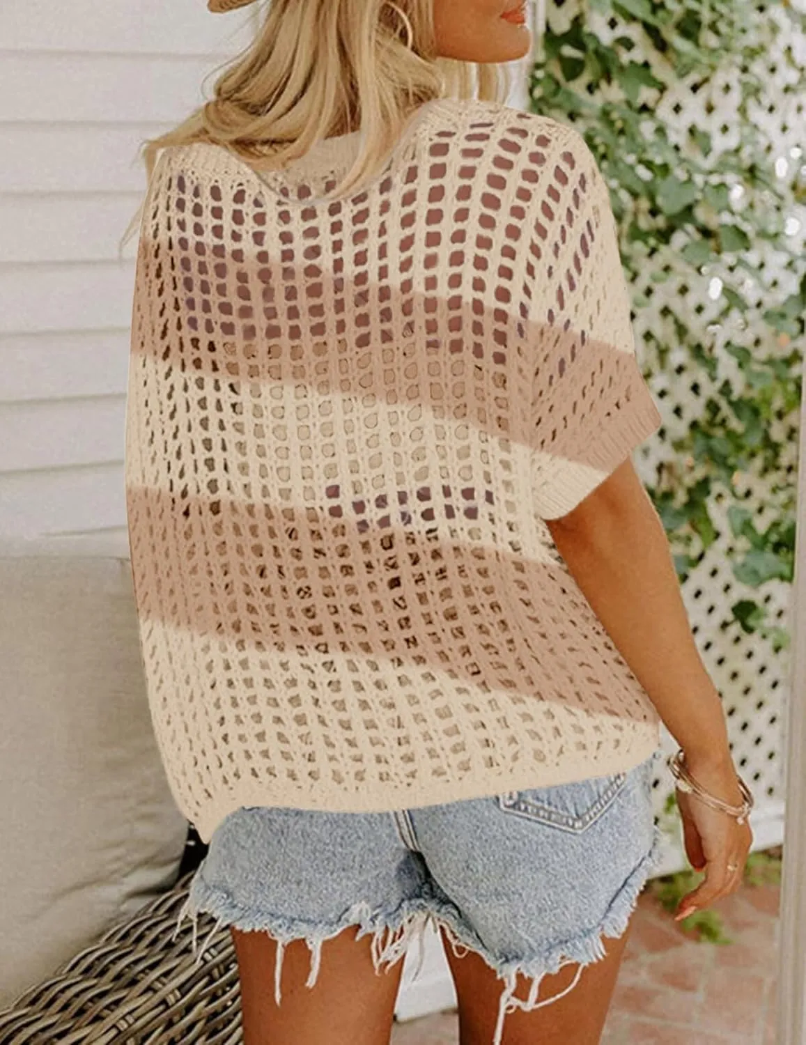 Zeagoo Short Sleeve Crochet Sweater Lightweight Summer Tops Loose Hollow Out Crewneck Pullover