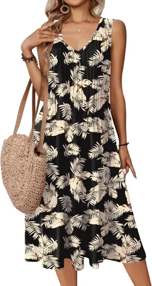 Zeagoo Women Summer Casual Dress 2025 Sleeveless Midi Swing Tank Sundress with Pockets V Neck A Line Pleated Tshirt Dress