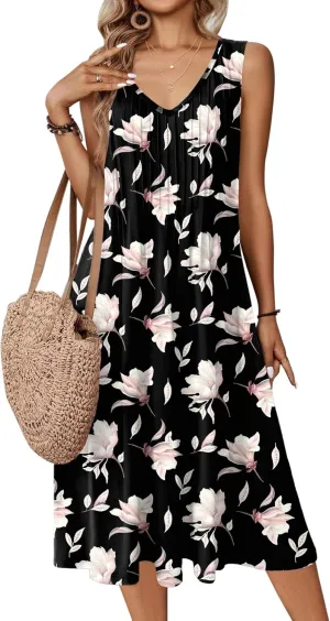 Zeagoo Women Summer Casual Dress 2025 Sleeveless Midi Swing Tank Sundress with Pockets V Neck A Line Pleated Tshirt Dress