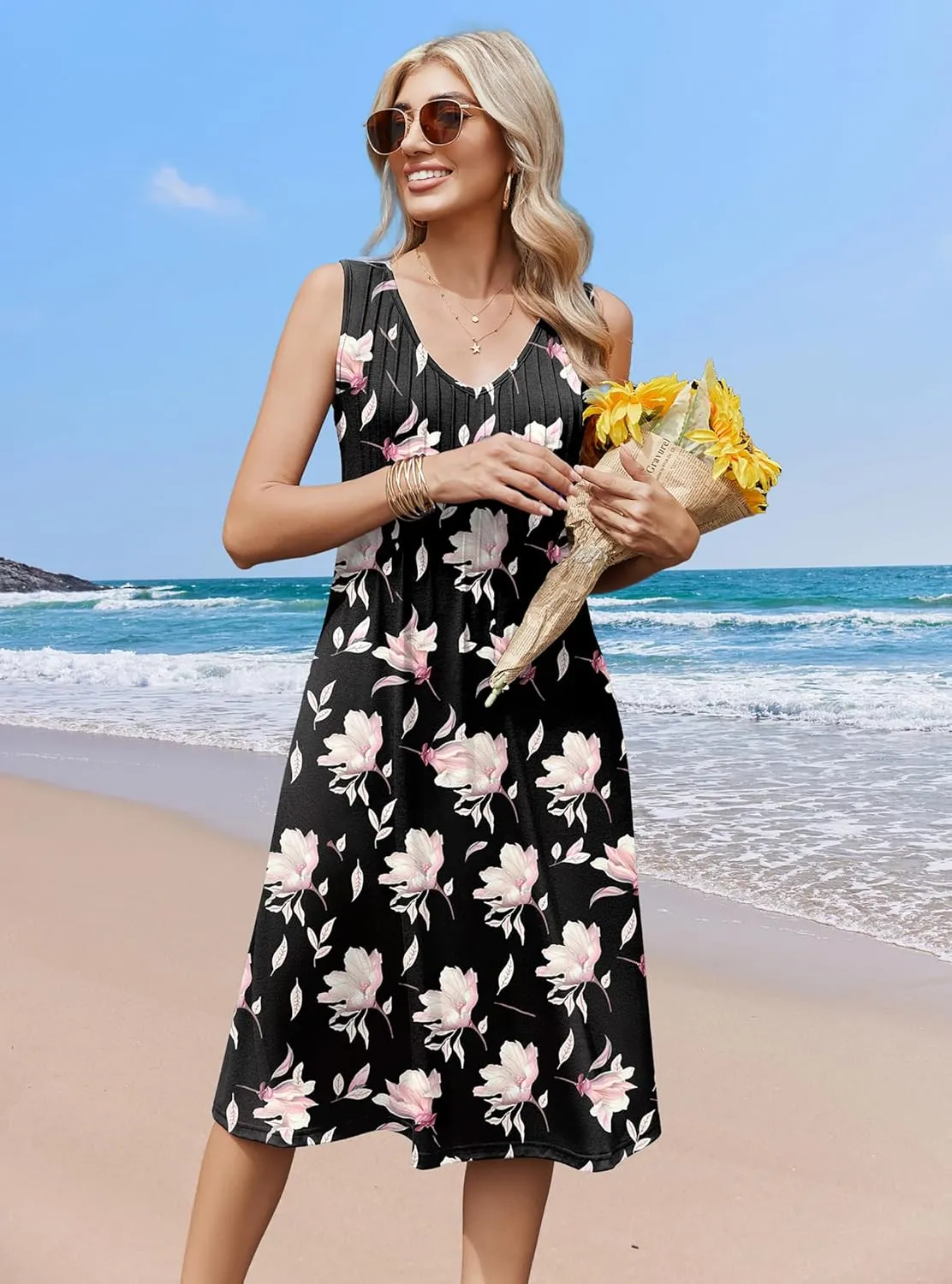 Zeagoo Women Summer Casual Dress 2025 Sleeveless Midi Swing Tank Sundress with Pockets V Neck A Line Pleated Tshirt Dress